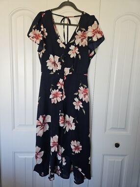 Maurices Navy Floral V-Neck Romper With Over Skirt Size medium